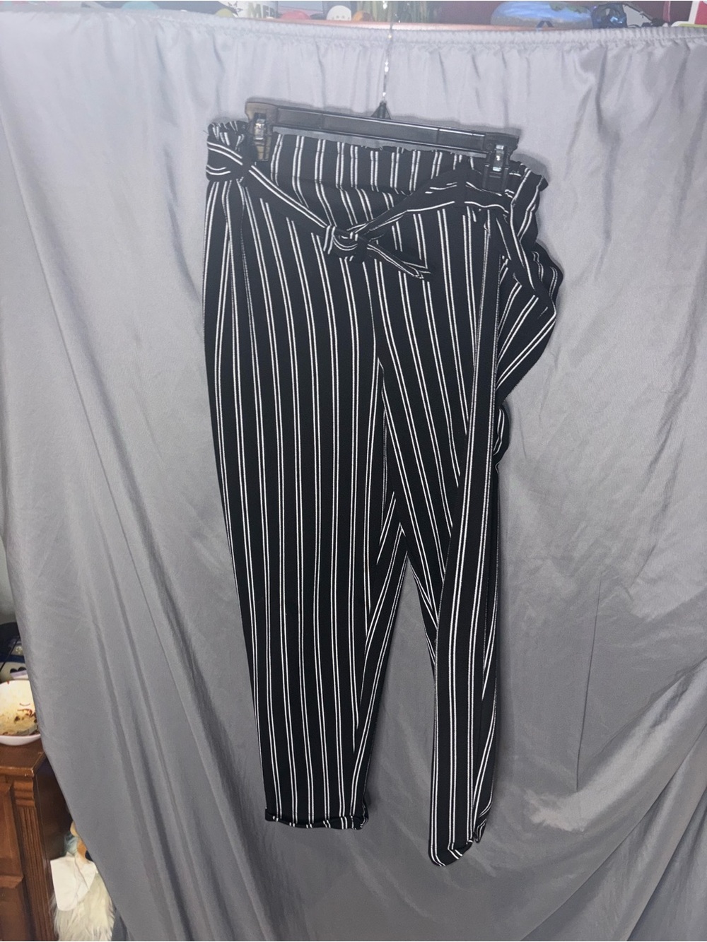 Black and White Pinstripe Men’s Trousers with Waist Tie